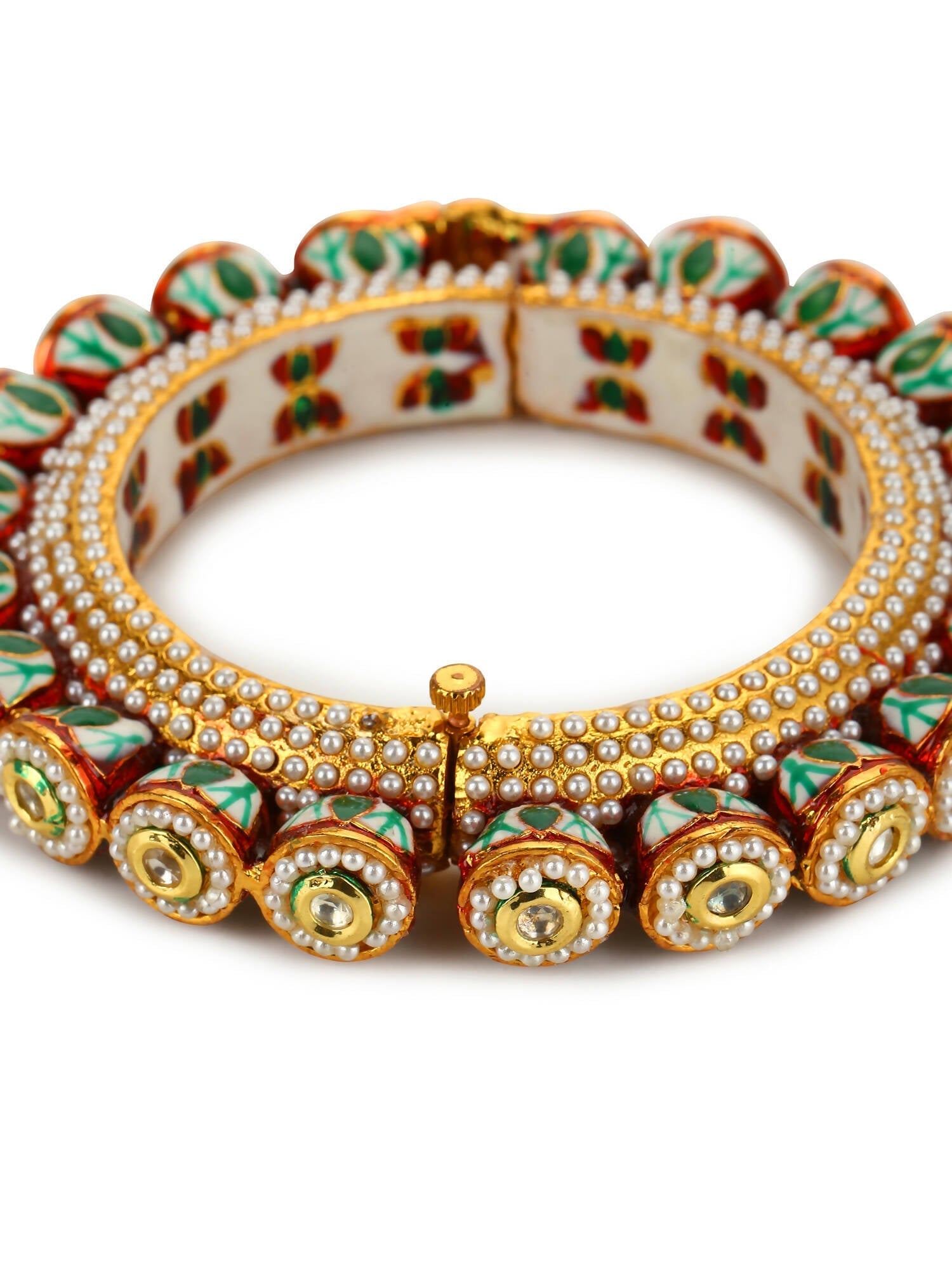 Gold-Polished Green Kundan-Studded Bangle - Ruby Raang 