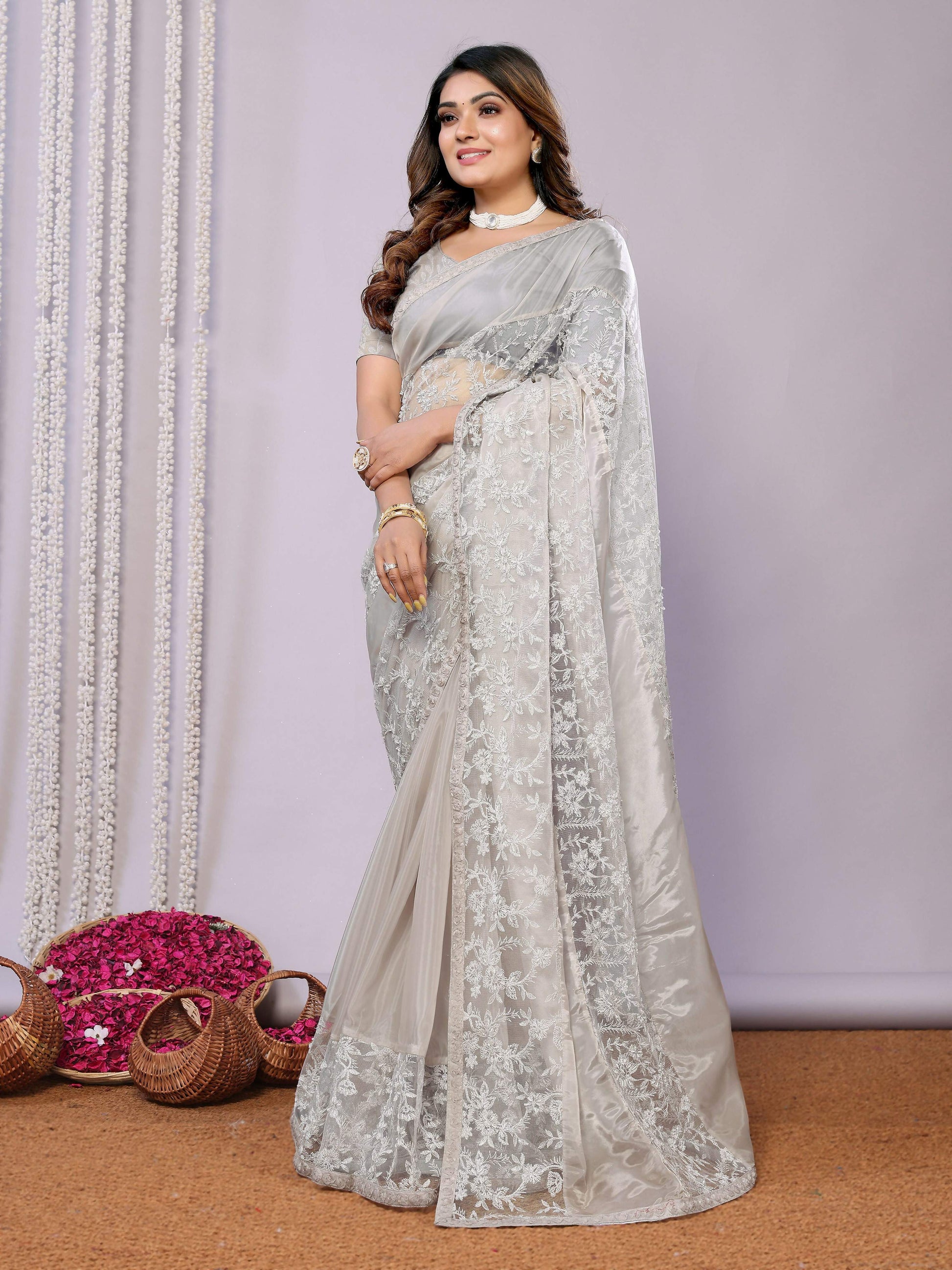 Grey Glass Tissue,Net Embroidered Saree With Stitched Blouse - Nimaya Kaksha