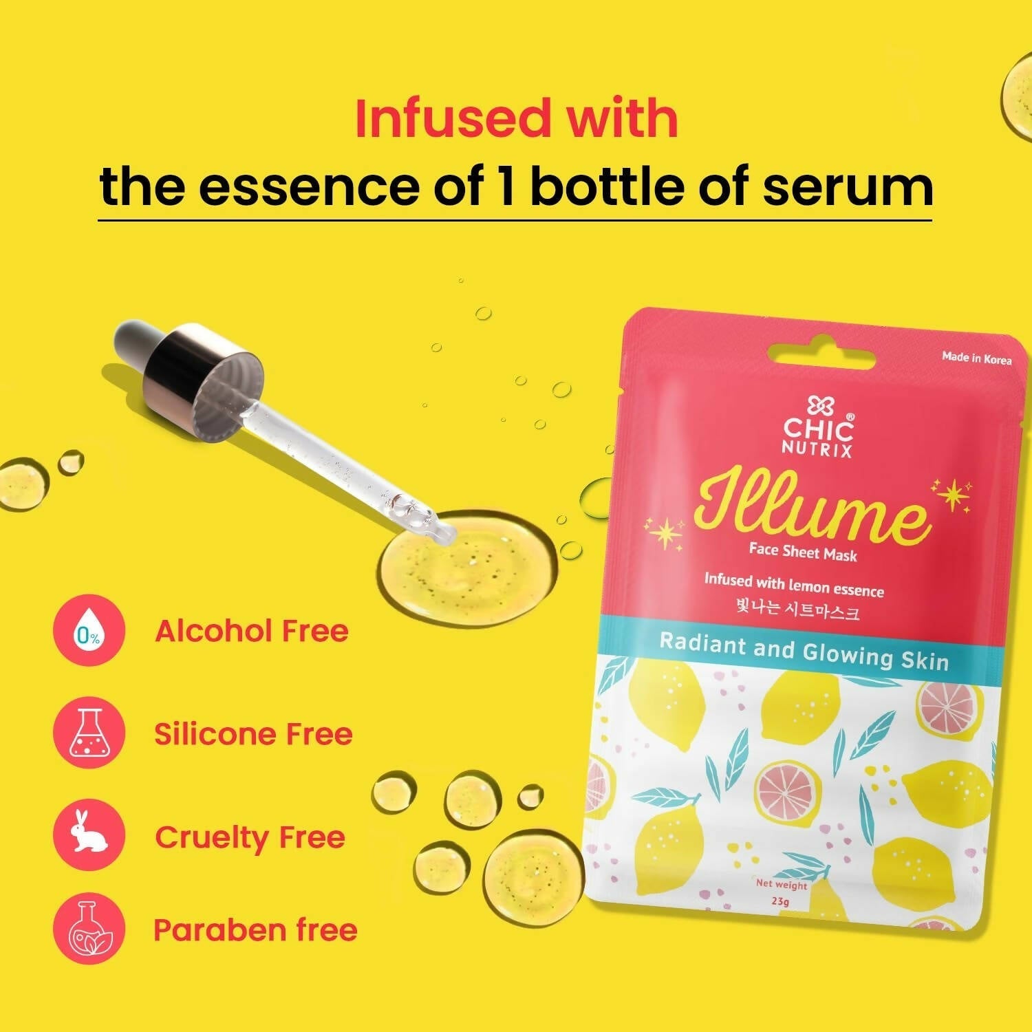 Chicnutrix Korean Illume Face Sheet Mask Infused With Lemon Essence Rich In Vitamin C Radiant and Glowing Skin, Korean Skincare 