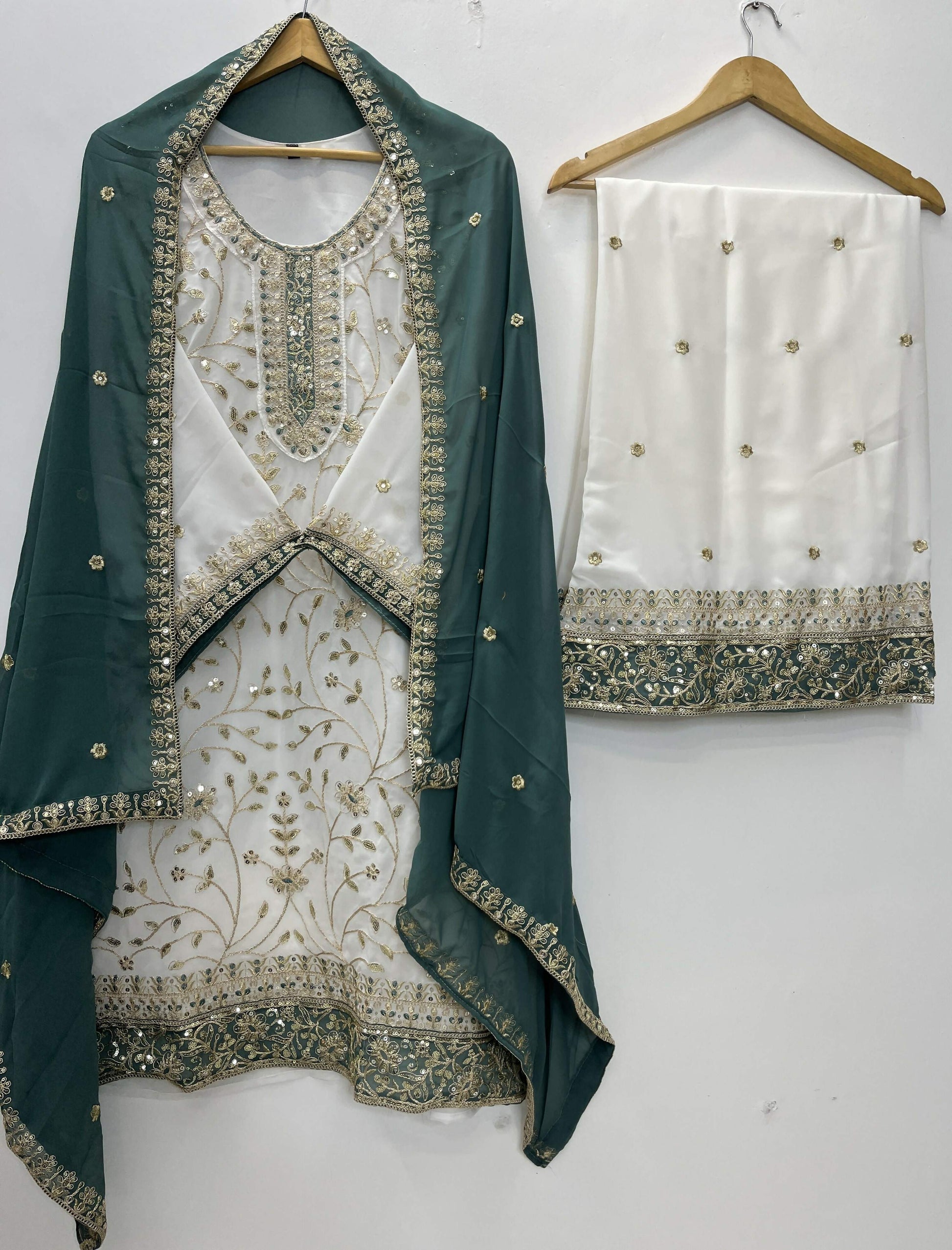 Teeya Creation White Color Faux Georgette Embroidery Work Long Party Wear Palazzo Suit