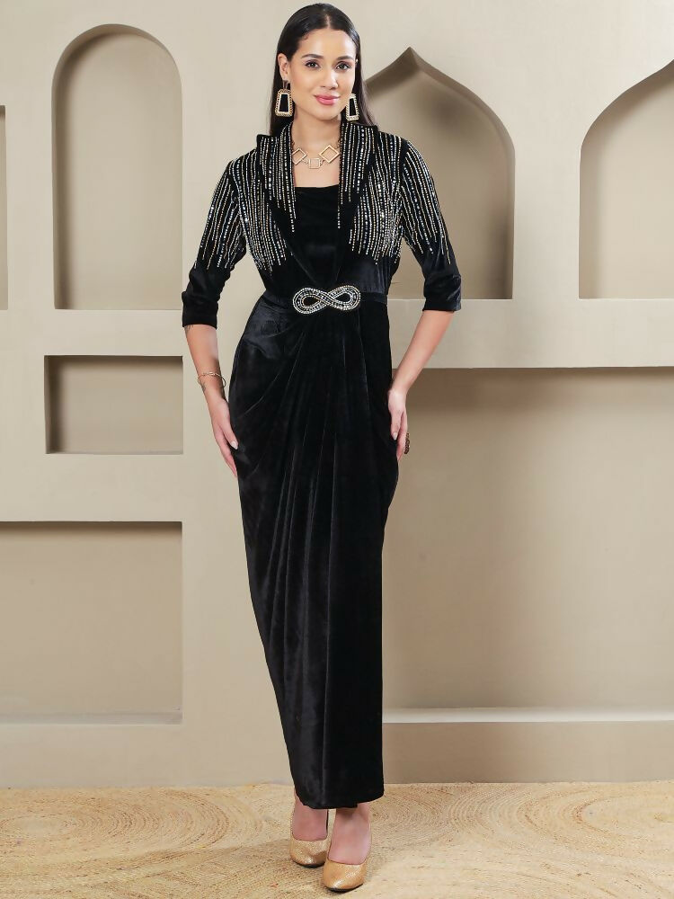 Joban Fashion Women Black Velvet Hand Embellishment Stitched Dress