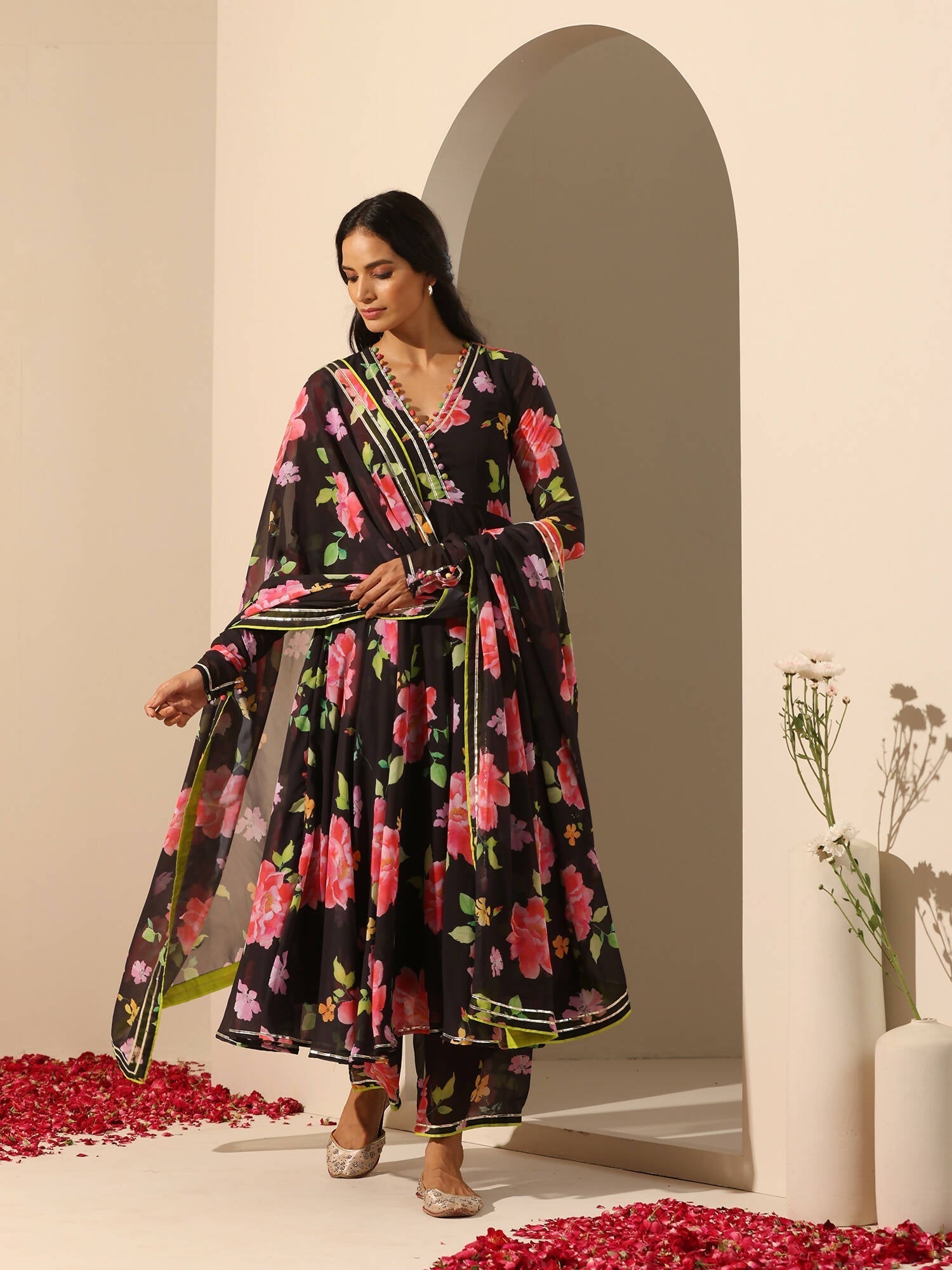 Pomcha Jaipur Black Gul Gulabi Phool Anarkali Set 