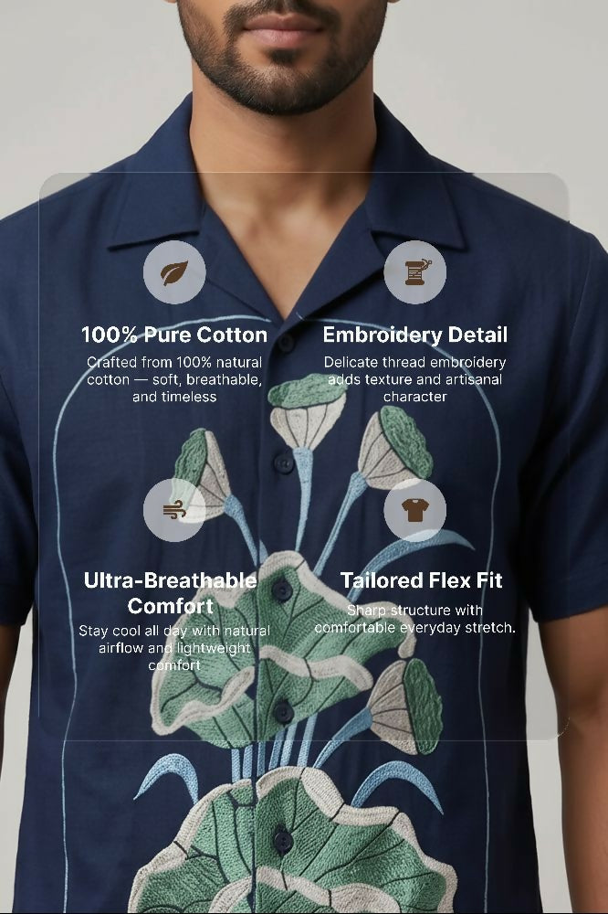 Midnight Bloom — Navy Lotus Embroidered Cotton Shirt by Hilo Design