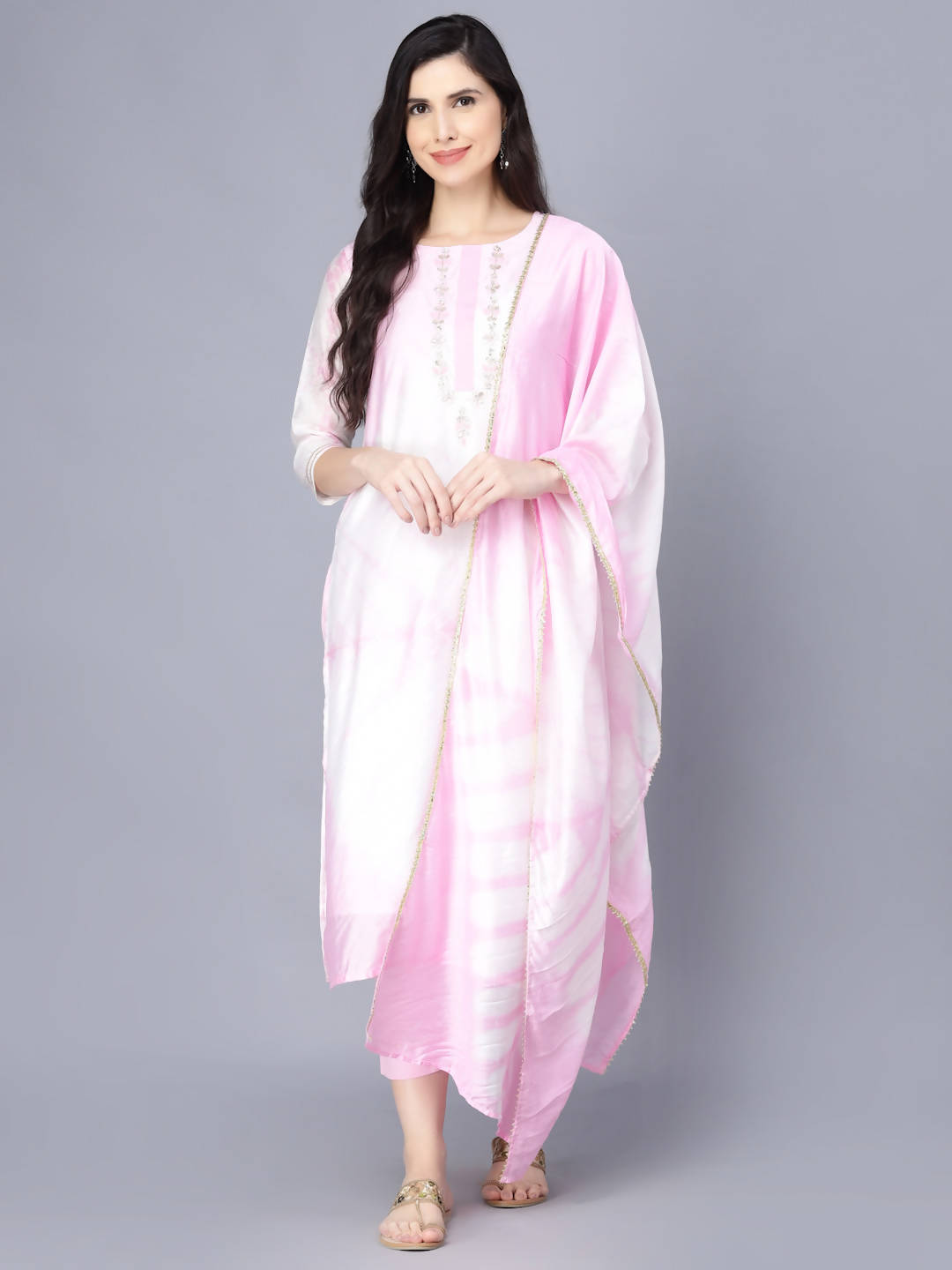 Myshka Women Pink Striped Empire Kurti with Trousers With Dupatta