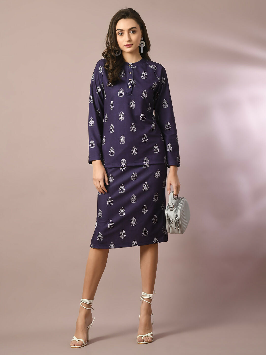 Myshka Women's Navy Blue Printed Round Neck Party Top With Skirt Co-ord set 