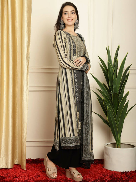 Aastha Fashion Women's Black Pashmina Digital Printed with Embroidered Lace work Kurta with Trouser & Dupatta - Grab2buy