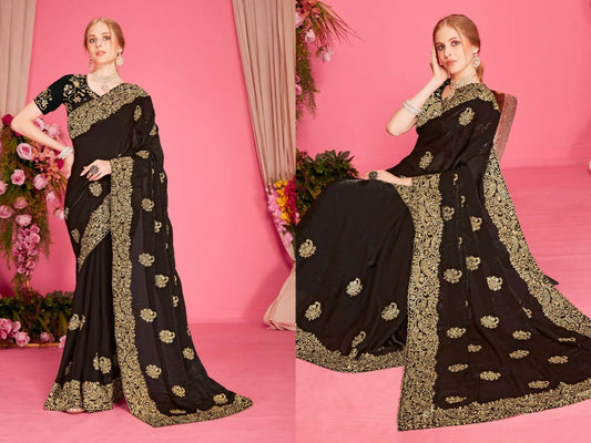 PR Fashion Black Fendi Two Tone Silk Heavy Zari Embroidery Work With Heavy Zircon Work Saree