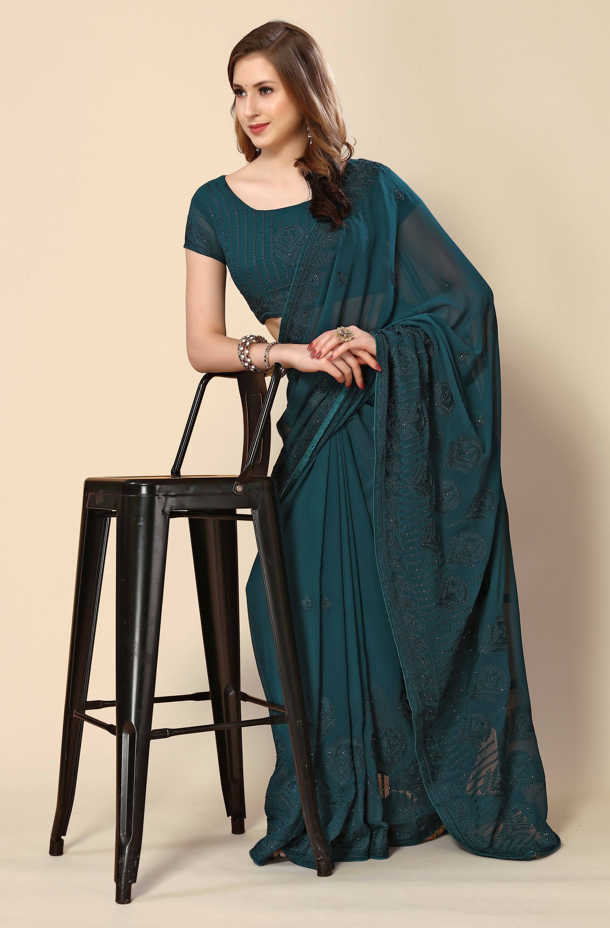 Teal Georgette Embroidered and Stone Work Saree with Unstitched Blouse Piece - Roozal