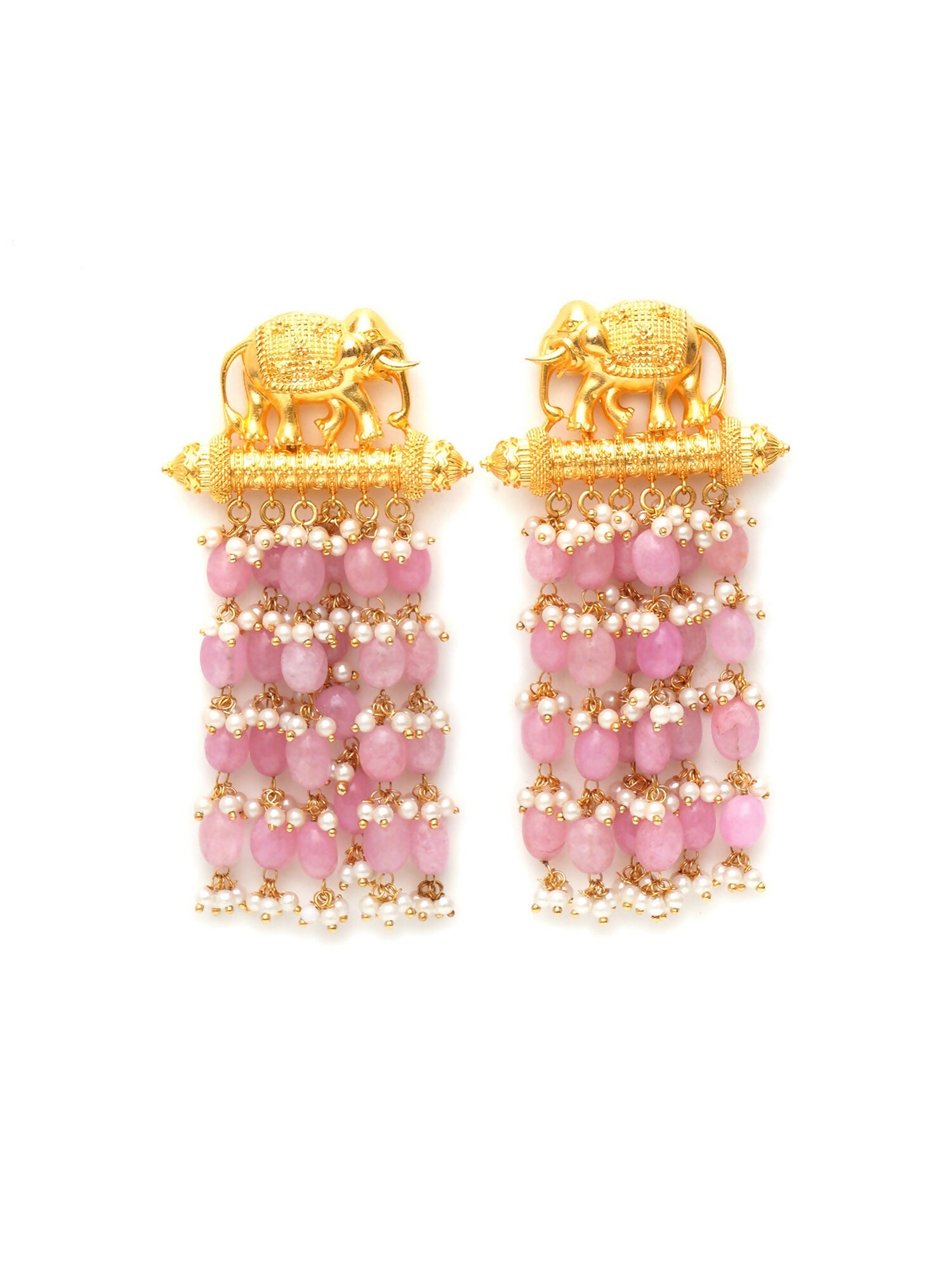 Long Layered Earrings with Elephant Motifs (Pink) - Ruby Raang - Grab2buy