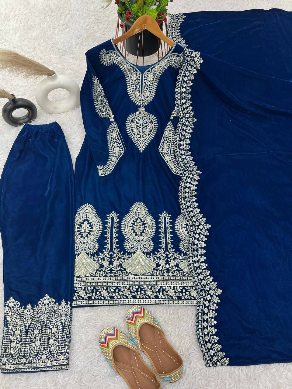 Teeya Creation Blue Color Velvet Designer Embroidery Work party Wear Suit