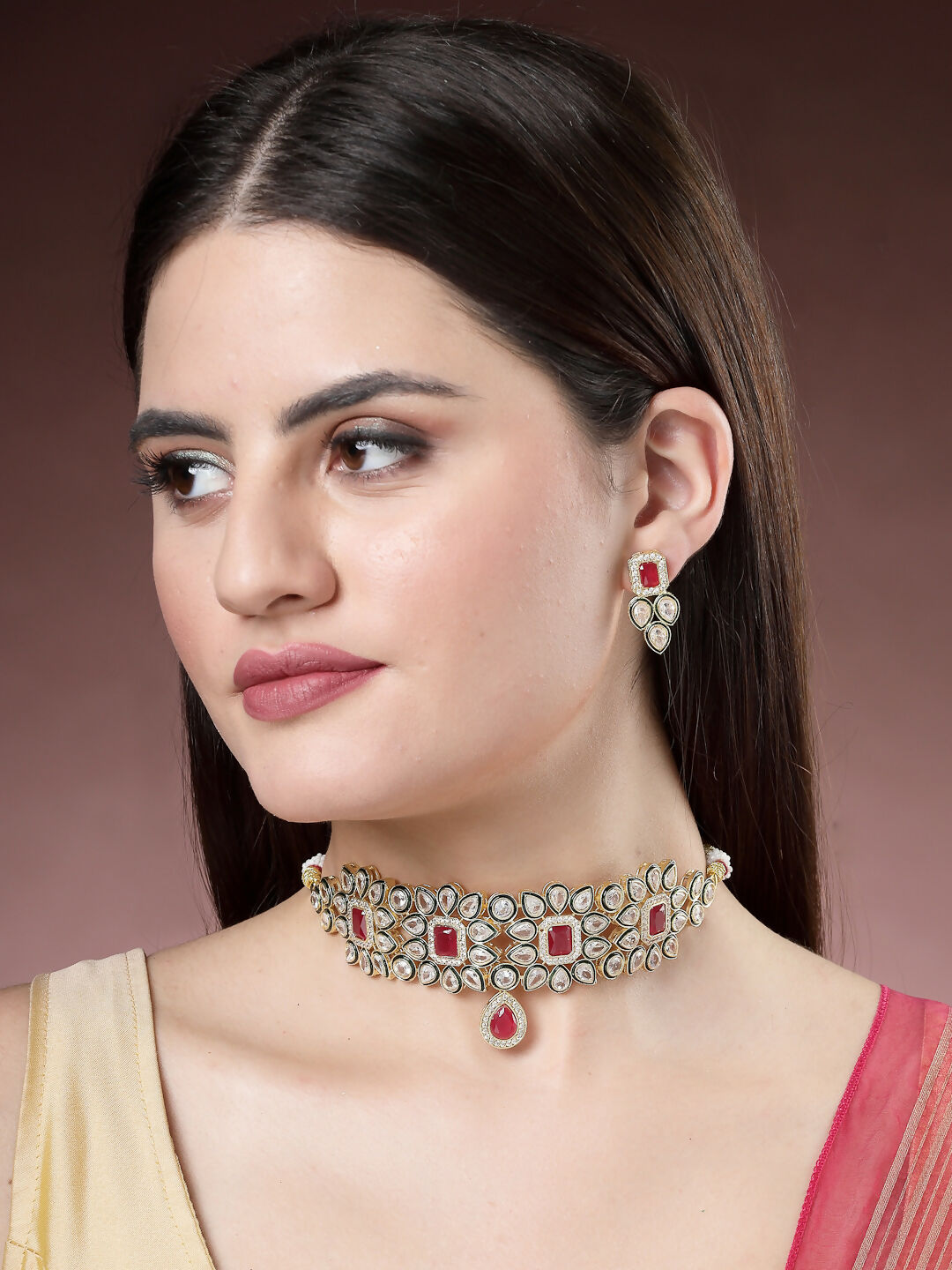 NVR Women's Red & Gold Kundan Studded Handcrafted Choker Jewellery Set - Grab2buy