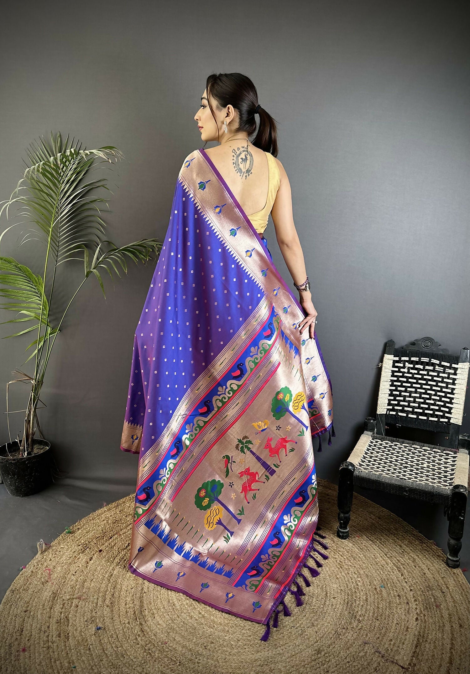 Joban Fashion Purple Peacock & Floral Motifs Soft Lichi Silk Kanchipuram Saree