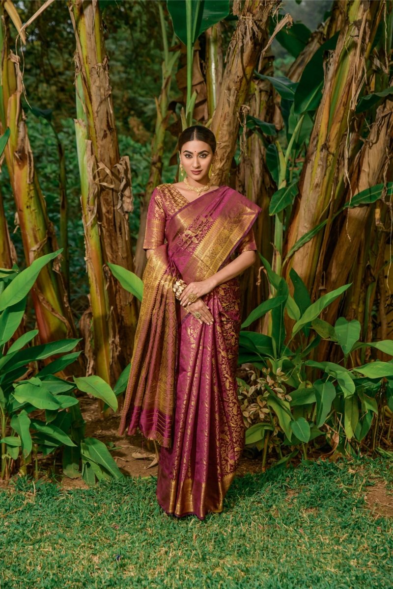 Aastha Fashion Women's Wine Kanchipuram Silk Zari Woven Saree with Blouse - Grab2buy
