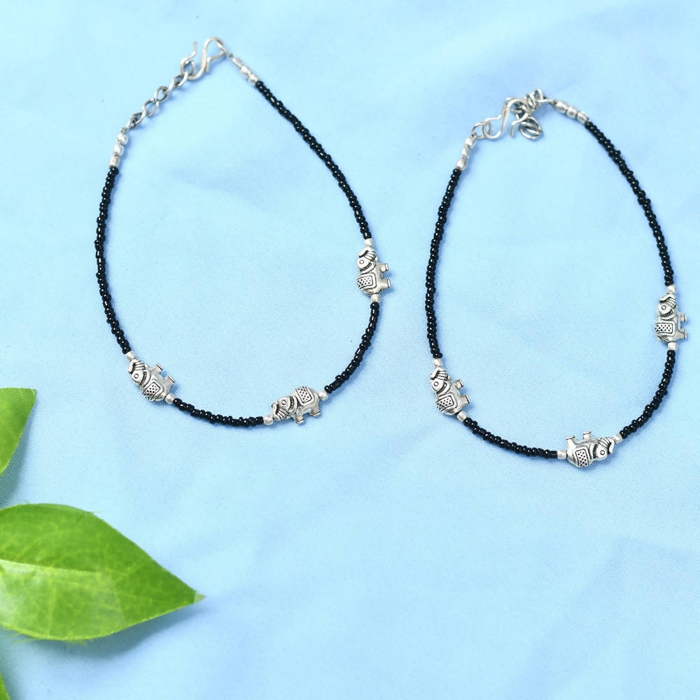 Mominos Fashion Kamal Johar Oxidised Elephant Design Silver/Black Anklets