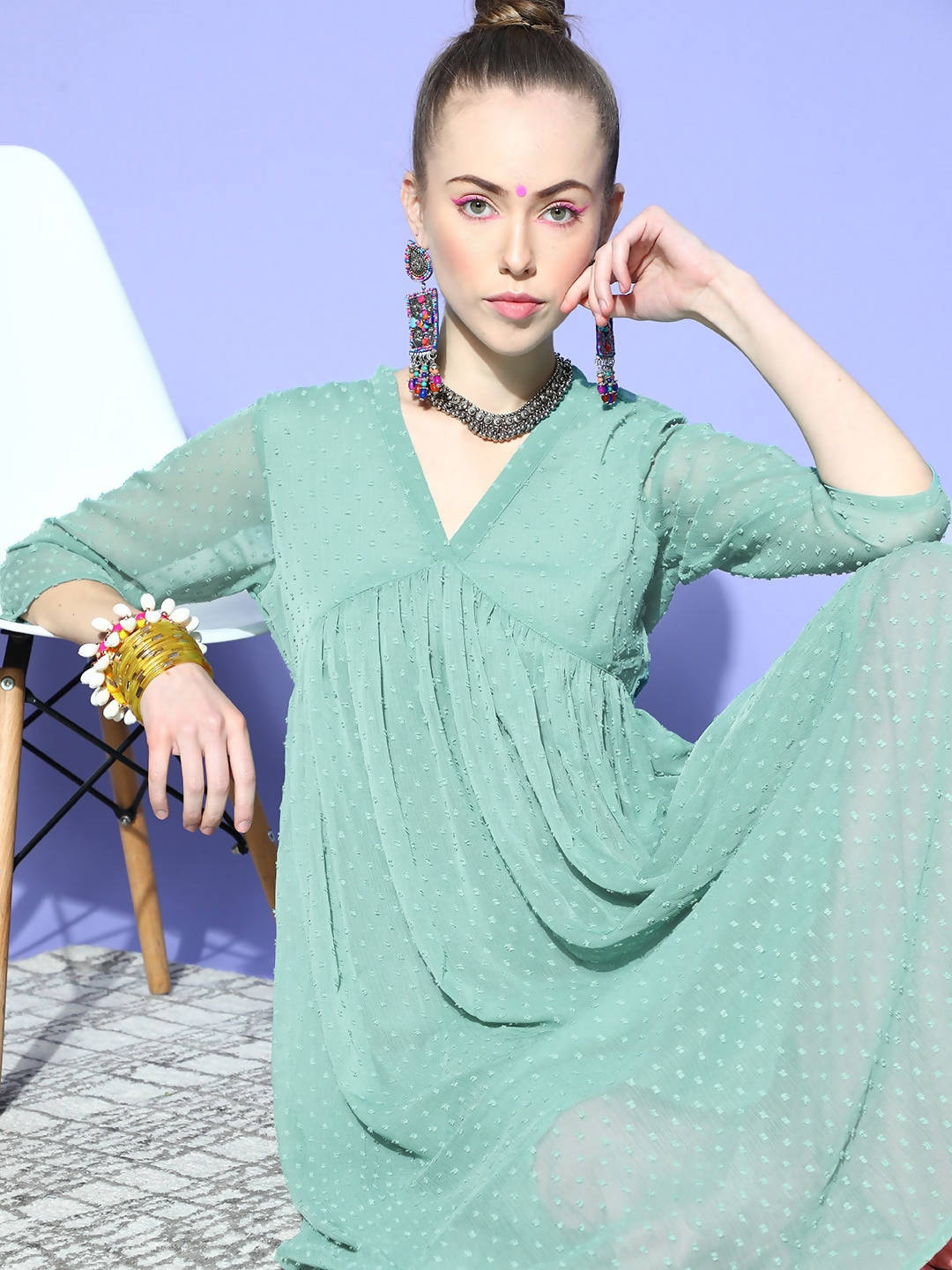 Janasya Women Green Woven Design Dobby Weave Kurta