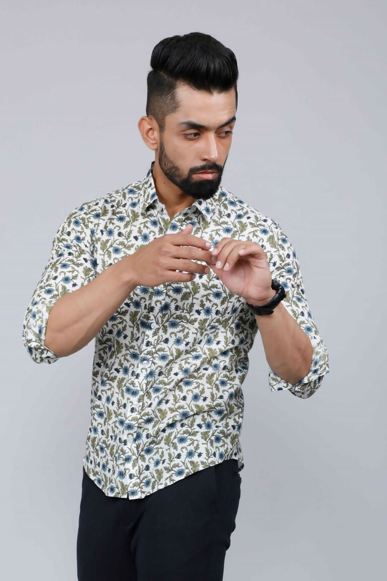 Miravan Men's White & Blue Floral Print Cotton Regular Fit Shirt 