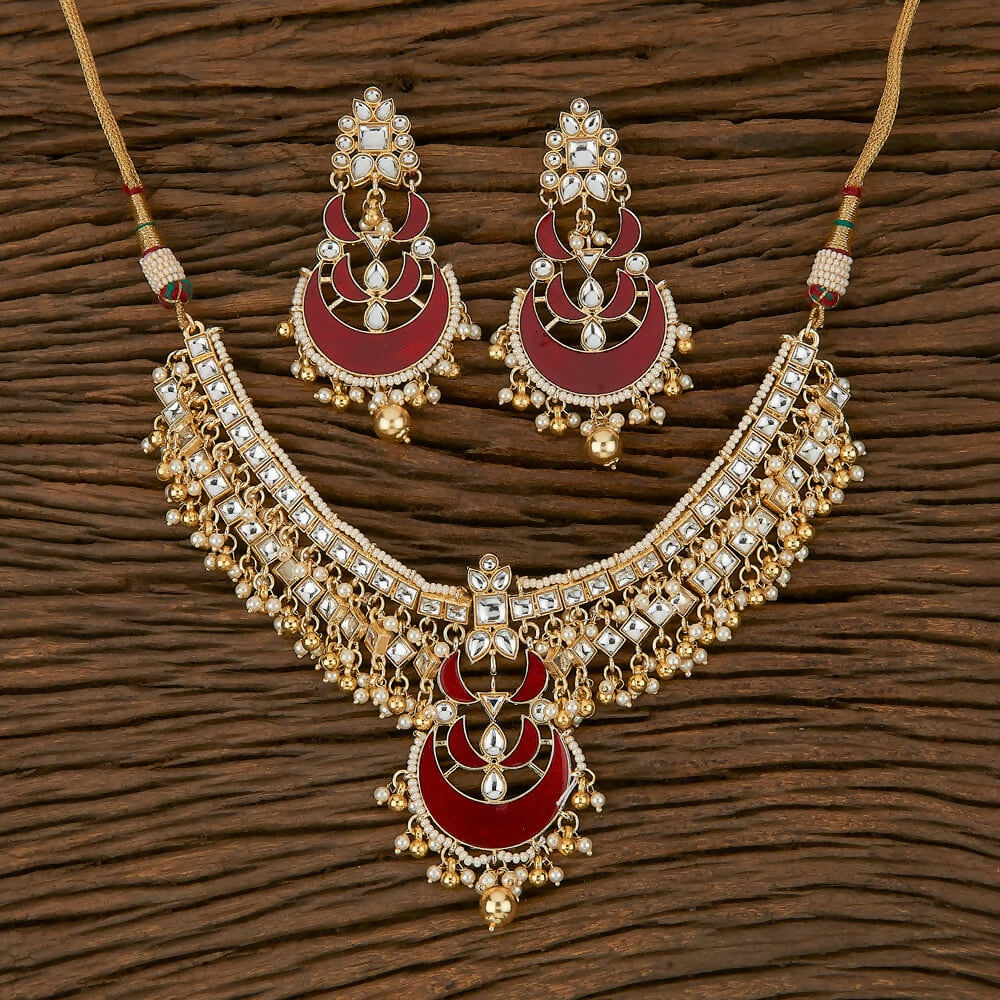 Joban Fashion Women Golden White Maroon Necklace Set 