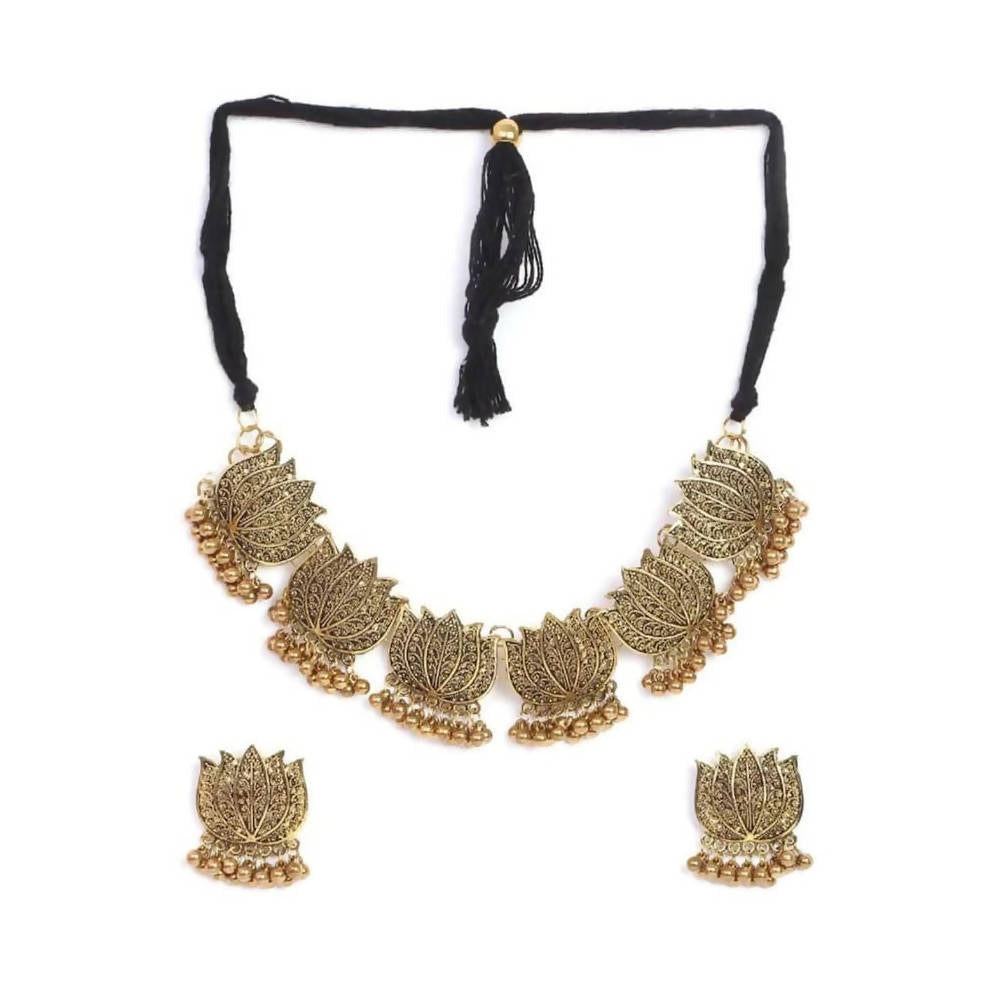 Mominos Fashion Oxidised Lotus Design Golden Color Necklace Choker Set 
