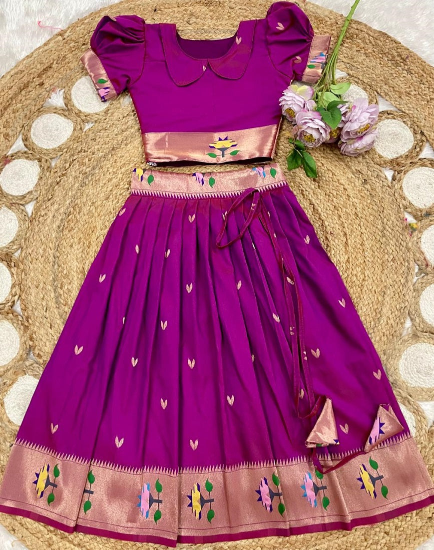 Evanik Pink Soft Silk Paithani Design Zari Weaving Pavadai Lehenga Choli For Kids