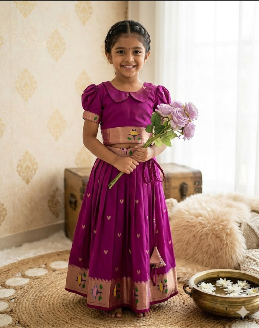 Evanik Pink Soft Silk Paithani Design Zari Weaving Pavadai Lehenga Choli For Kids