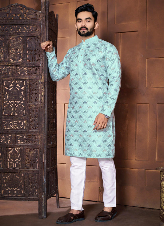 Prazu Fashion Sky Blue Italian Silk Embroidered Kurta With Pajama
