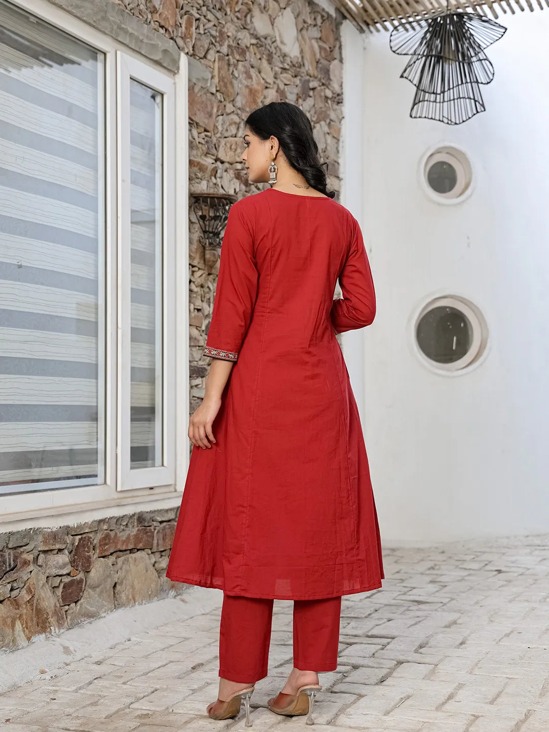 Yufta Maroon Cotton A Line Kurta Dupatta Set