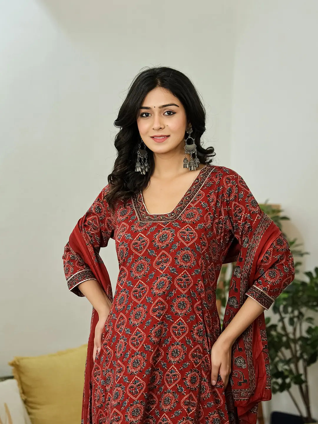 Yufta Maroon Ethnic Motifs A-Line Kurta Trouser Dupatta Set With Bucket Neck