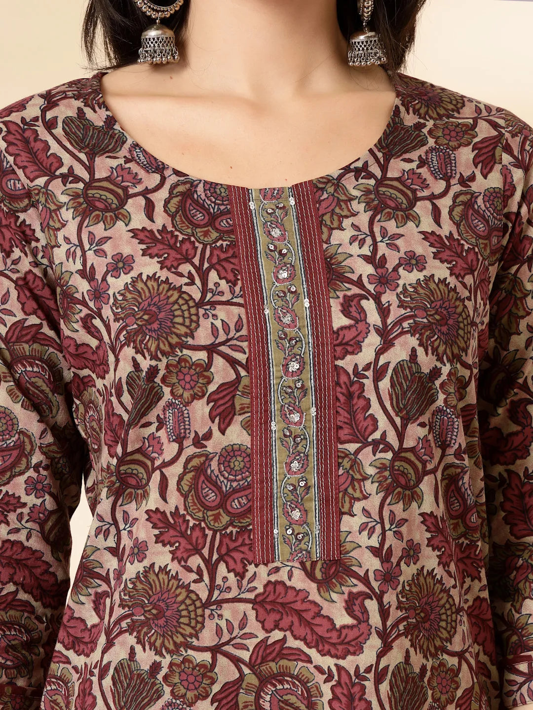 Yufta Maroon Pure Cotton Straight Kurta Dupatta Set