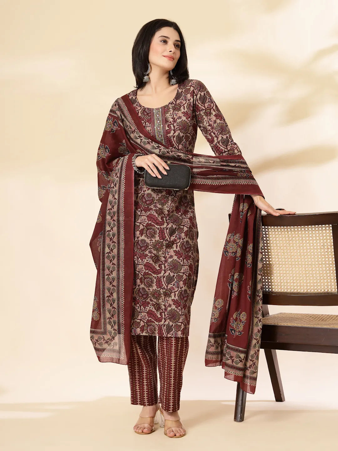 Yufta Maroon Pure Cotton Straight Kurta Dupatta Set