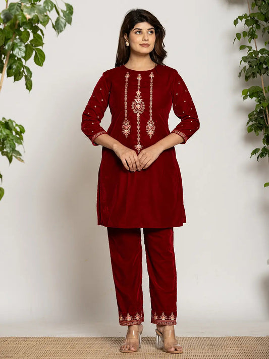 Yufta Maroon Velvet Embroidered Co-Ord Set With Cotton Lining