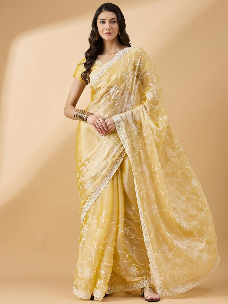 Pink Tissue Slub Embroidered Saree with Unstitched Blouse - Vairagi