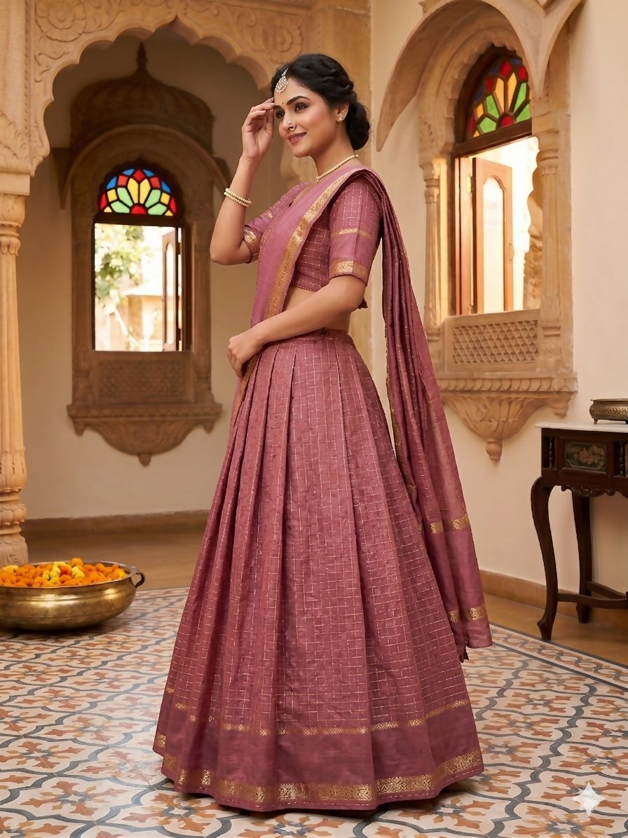 Teeya Creation New South Indian Silk Checked Half Saree Lehenga Choli with Zari Border-Pink