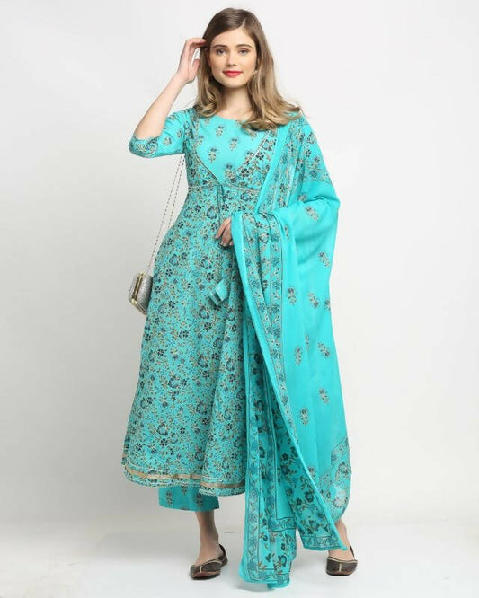 Aastha Fashion Women's Sky Blue Cotton Floral Printed Kurta with Trouser & Dupatta - Grab2buy