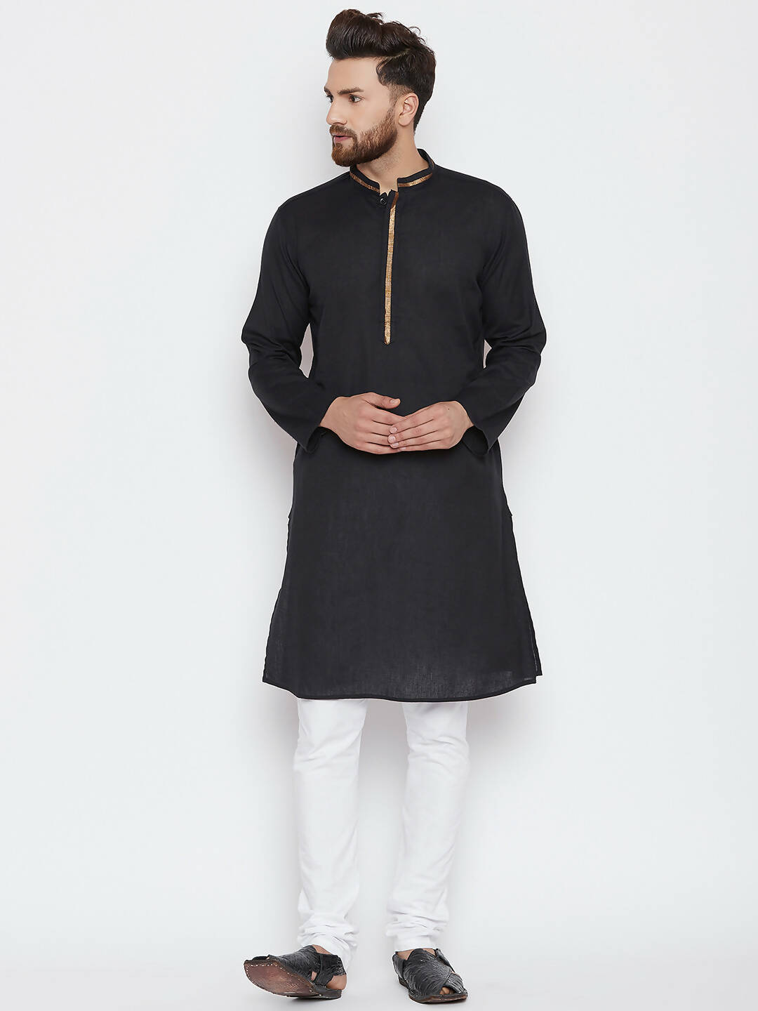 Even Apparels Black Color Pure Cotton Men's Kurta With Band Collar 