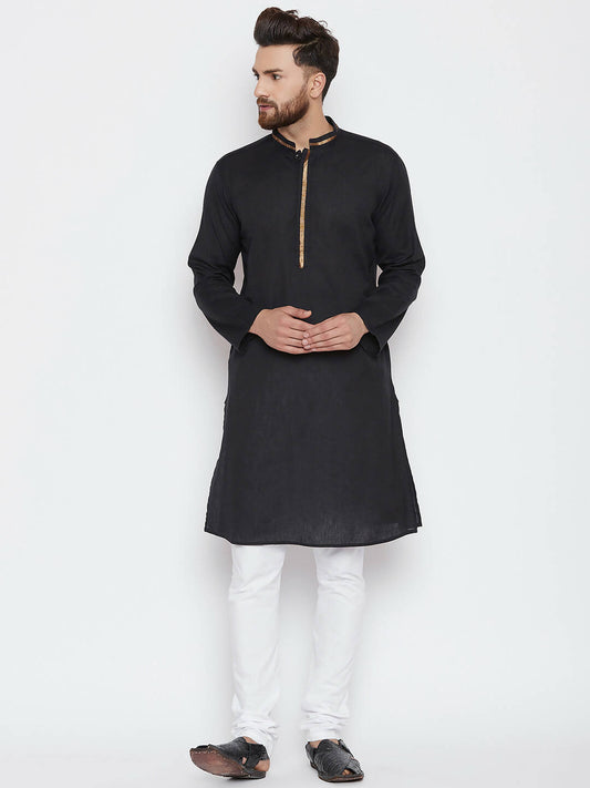 Even Apparels Black Color Pure Cotton Men's Kurta With Band Collar 