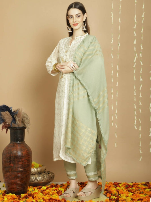 Aastha Fashion Women's Off White Chanderi Silk Elegant Jardoshi Kurta with Trouser & Dupatta - Grab2buy