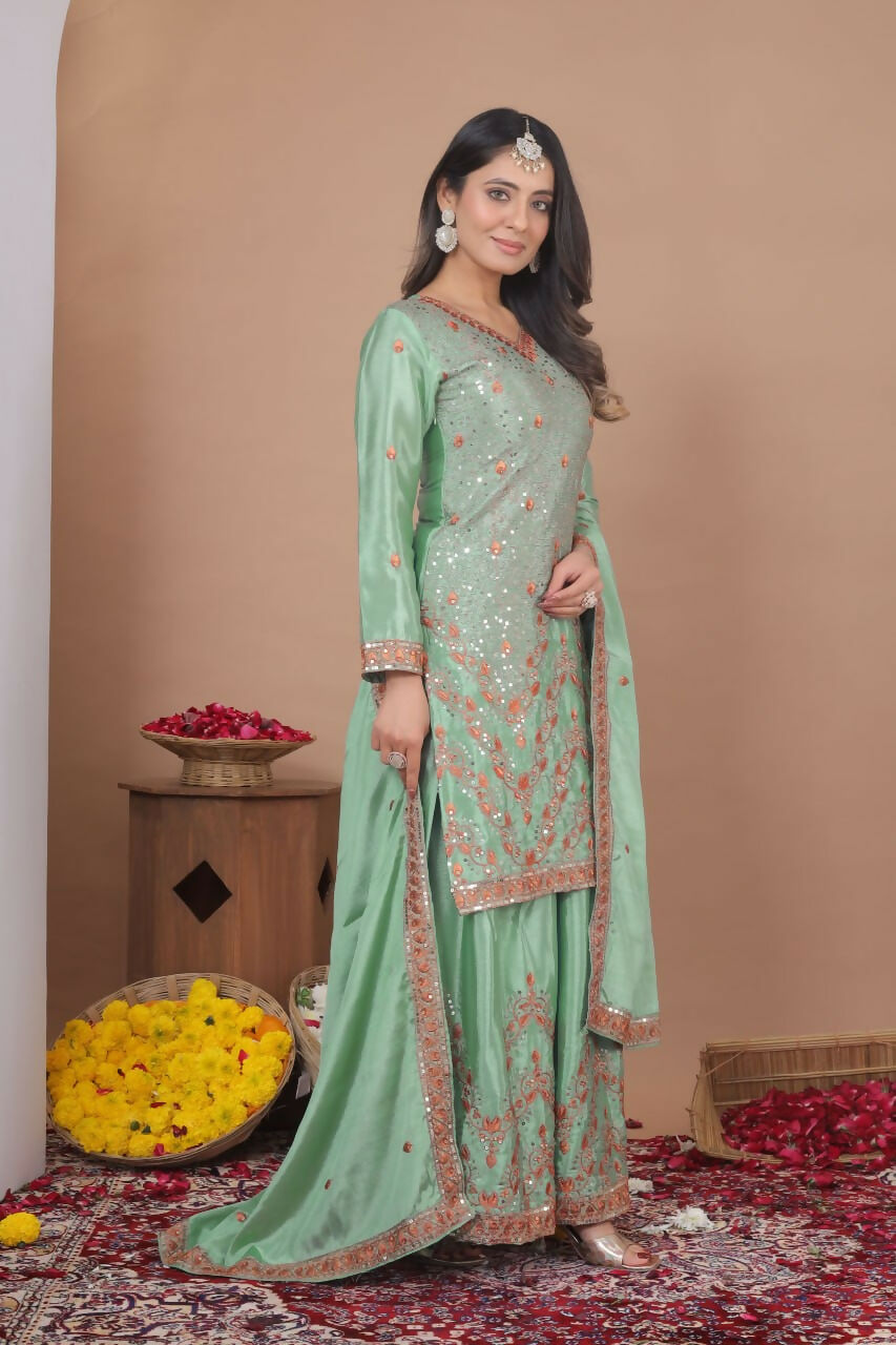 Teeya Creation Womens Trendy Light Green Silk Blend Gota Patti And Sequins Embroidered Sharara Suit Set