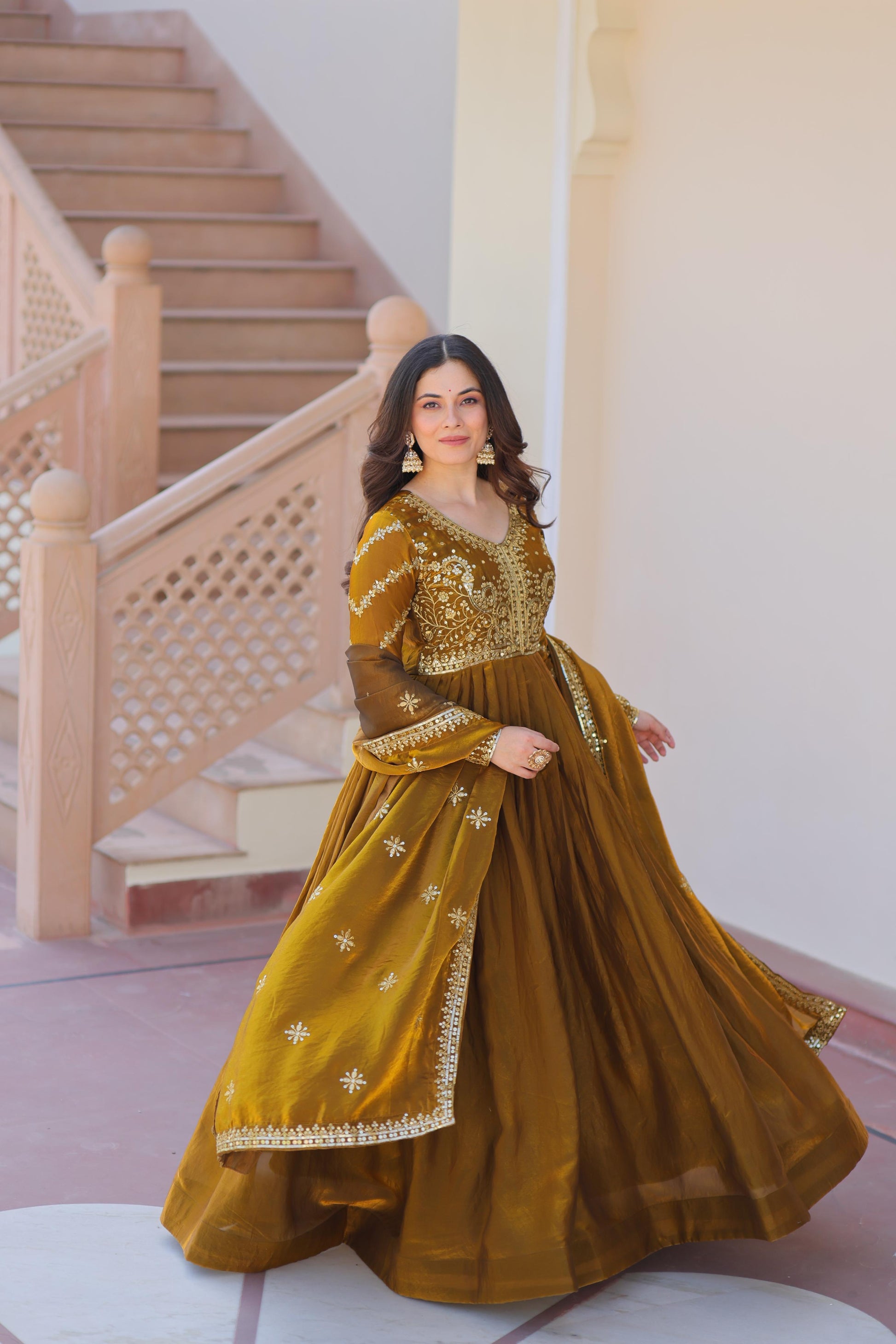 Evanik Mehendi Fendy Fabric With Zari & Sequins Embroidered work Gown Dupatta