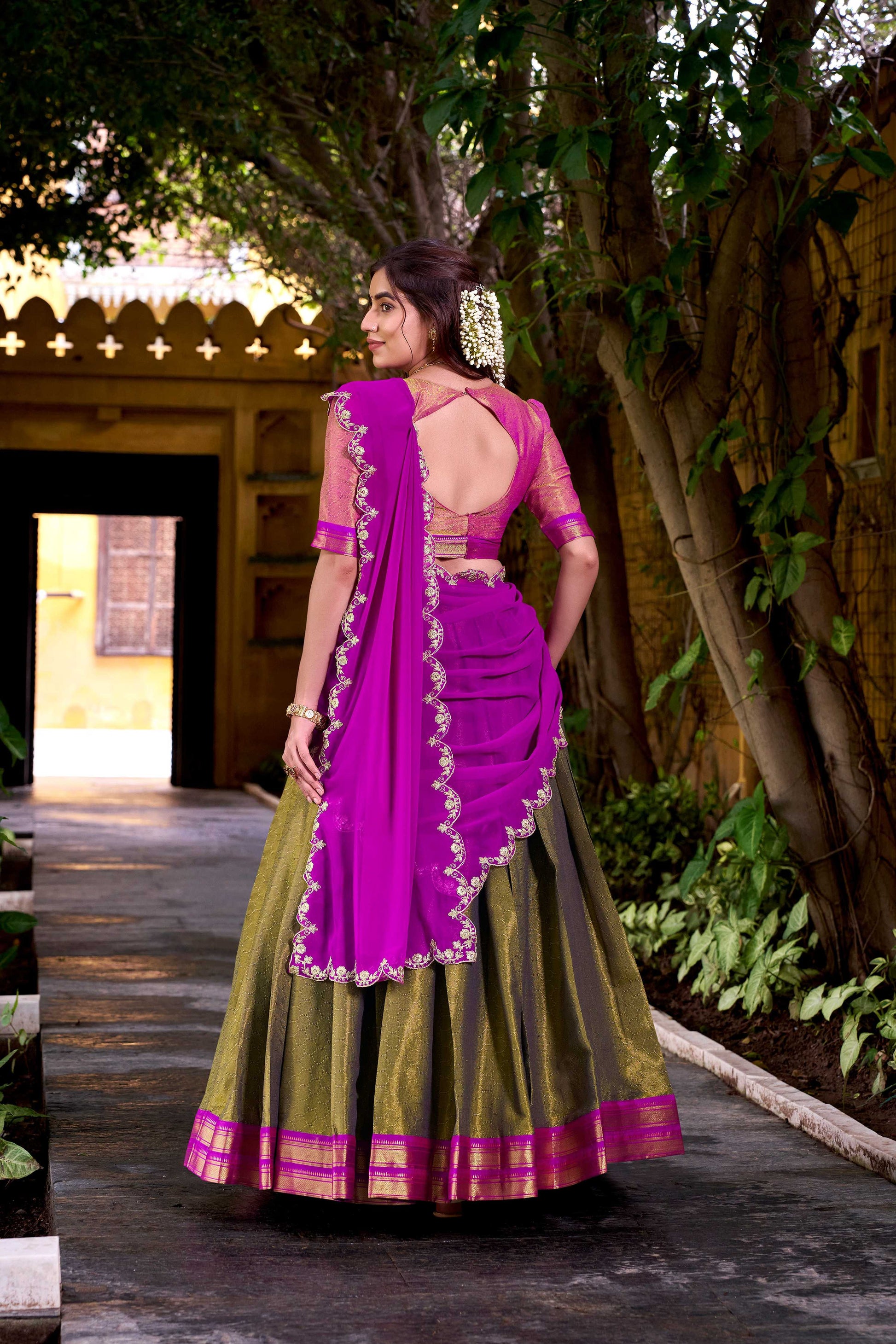 Evanik Mehendi South-style Kanchipuram silk lehenga With Unstitched Blouse & Dupatta