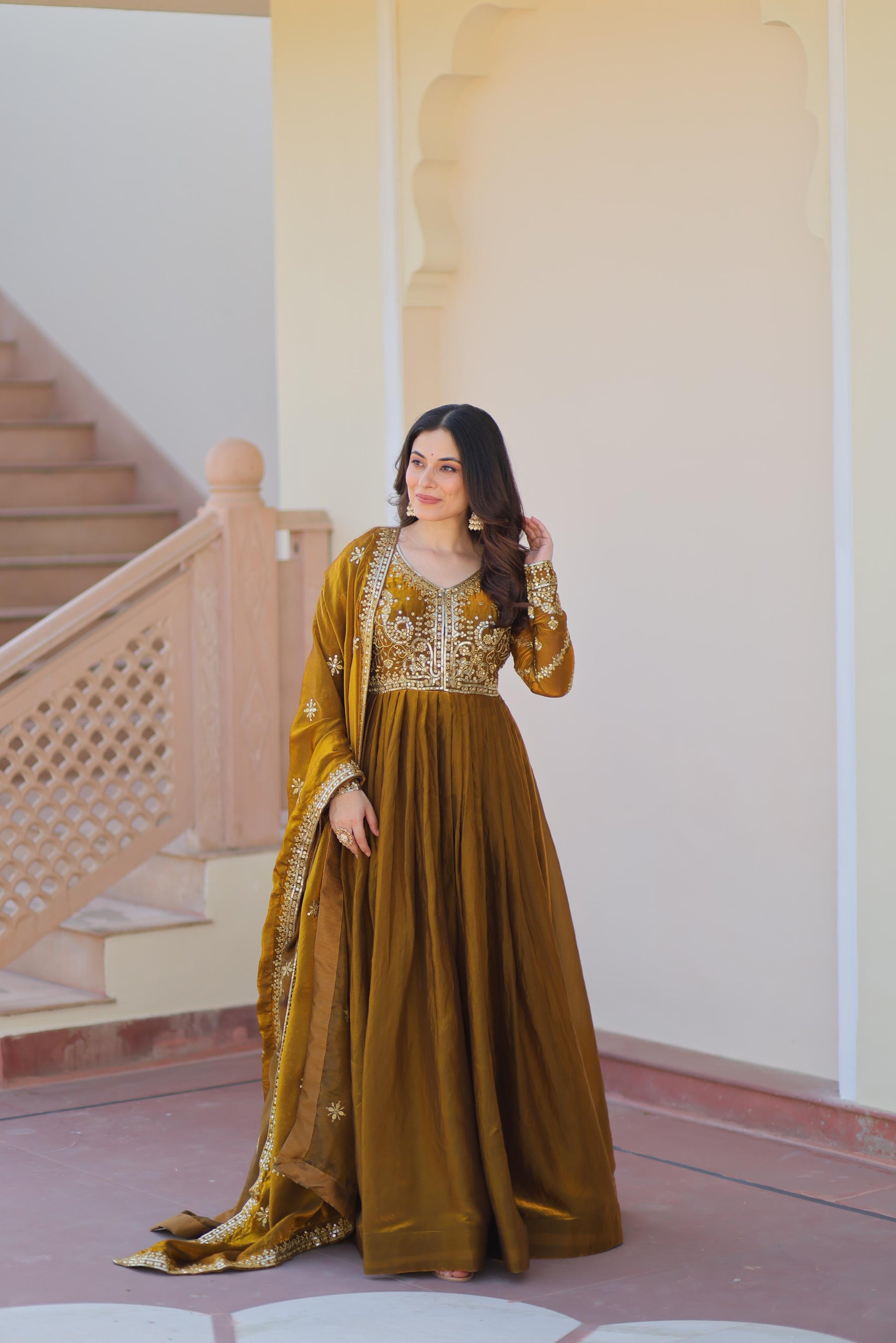 Evanik Mehendi Fendy Fabric With Zari & Sequins Embroidered work Gown Dupatta