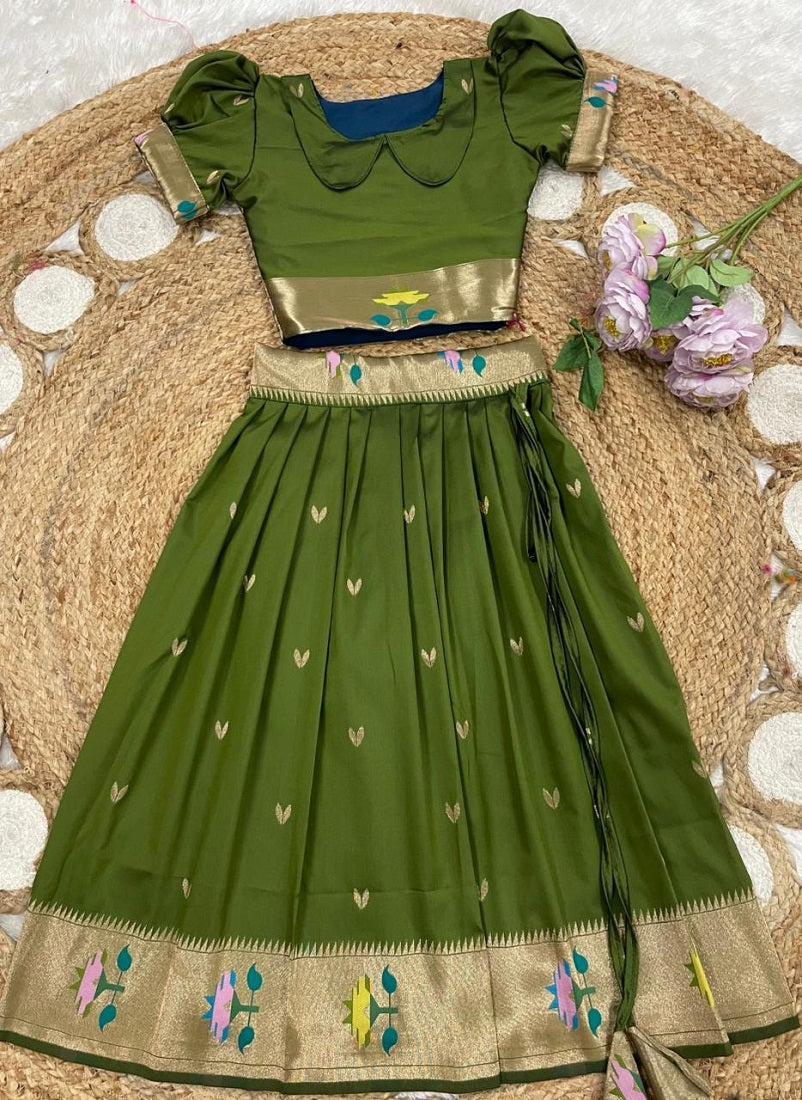 Evanik Green Soft Silk Paithani Design Zari Weaving Pavadai Lehenga Choli For Kids