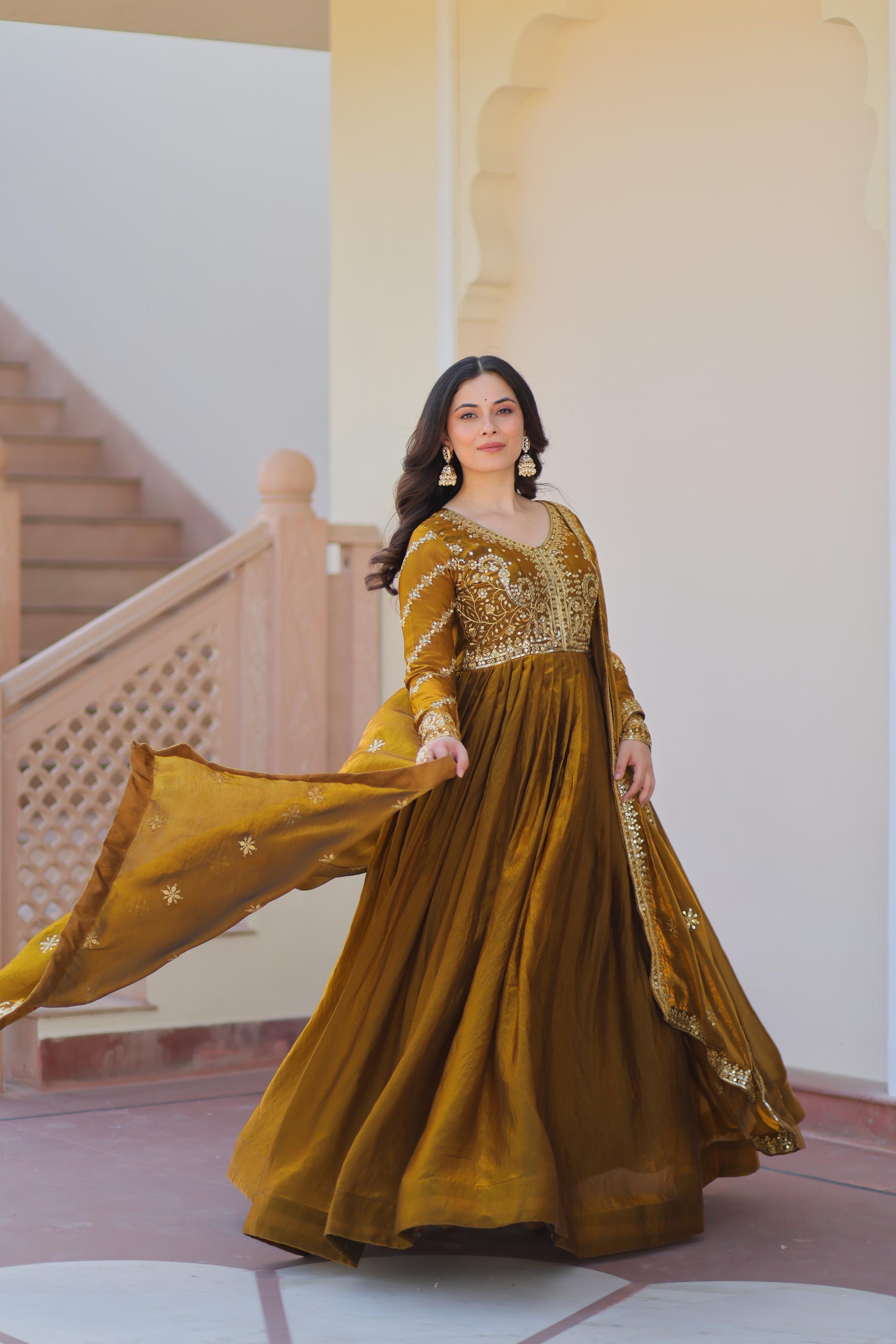 Evanik Mehendi Fendy Fabric With Zari & Sequins Embroidered work Gown Dupatta