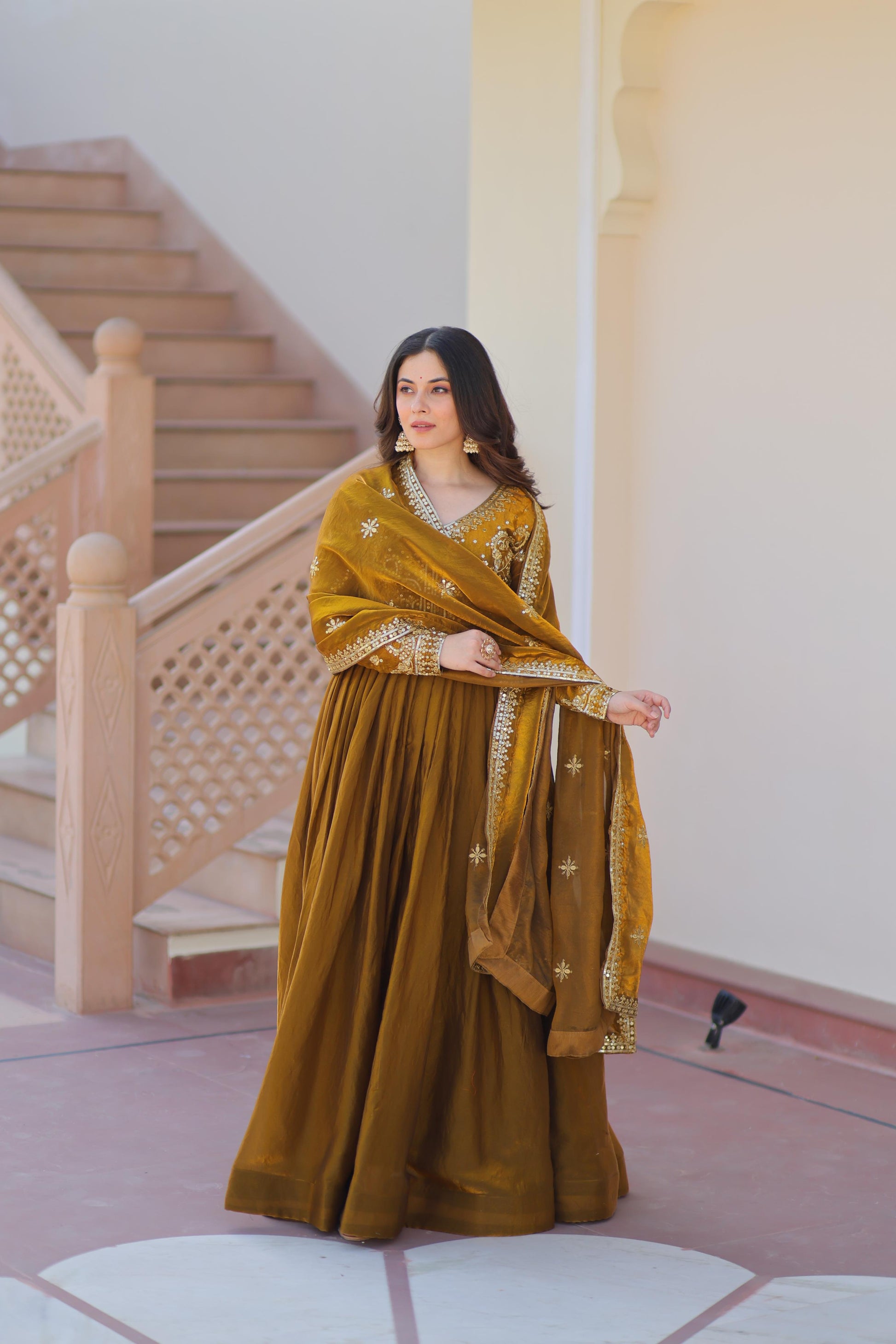 Evanik Mehendi Fendy Fabric With Zari & Sequins Embroidered work Gown Dupatta