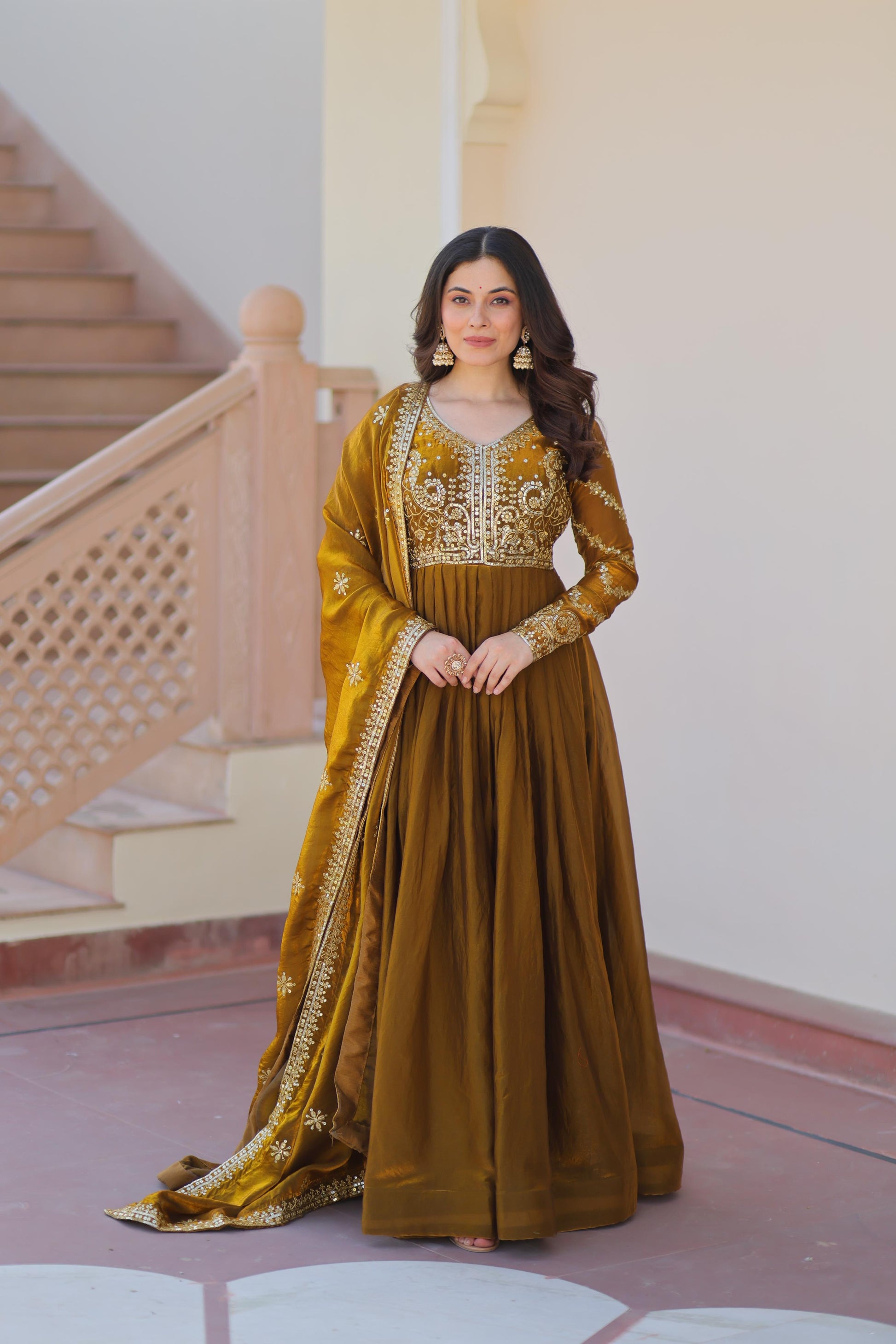 Evanik Mehendi Fendy Fabric With Zari & Sequins Embroidered work Gown Dupatta