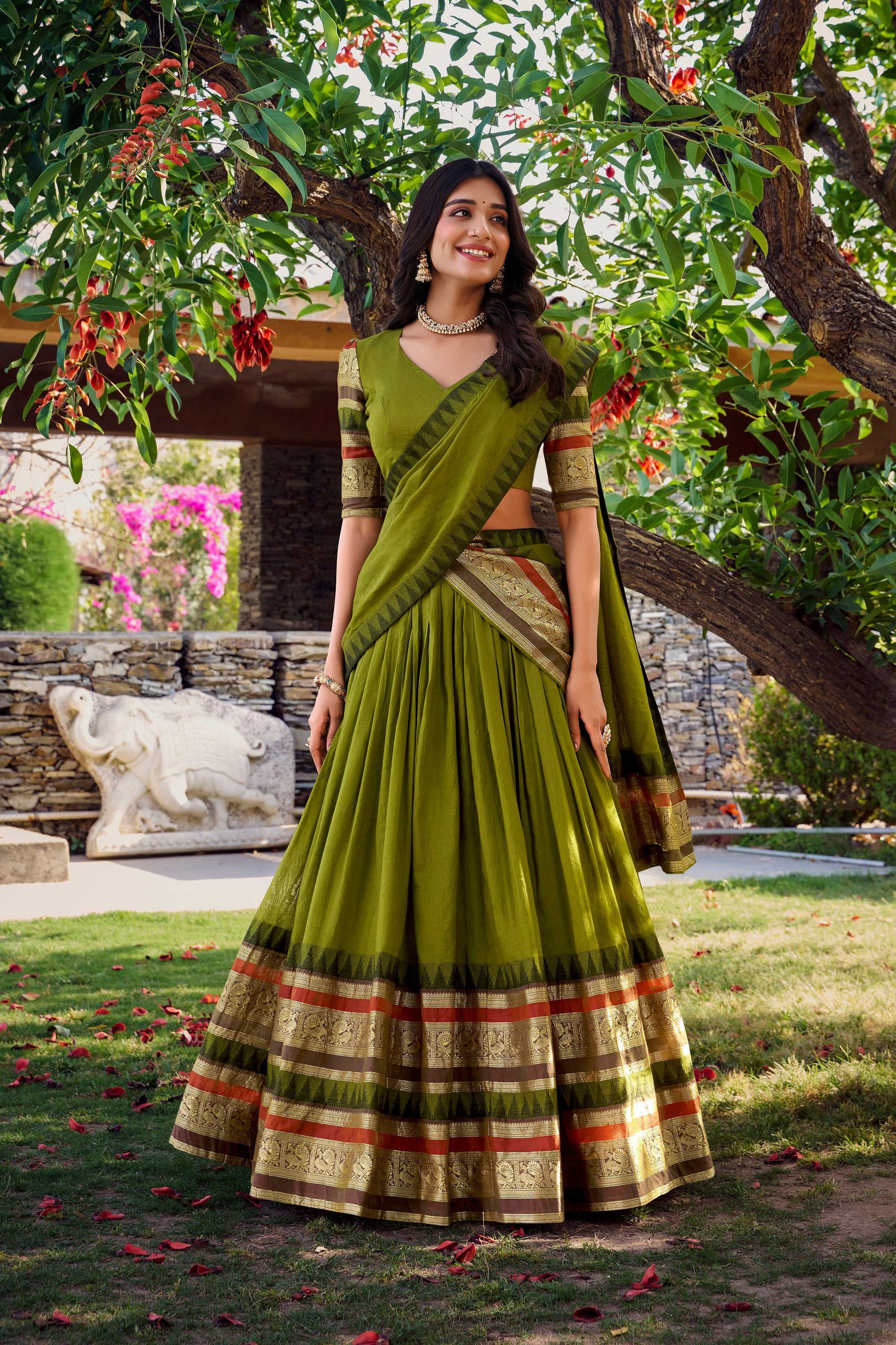 Evanik Women Pure Chanderi Plain With Zari Weaving Work Border Stitched Lehenga With Unstitched Blouse Dupatta(Up to 42)