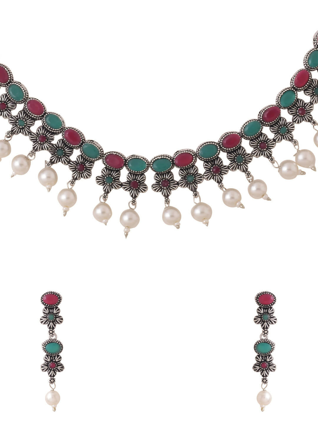 NVR Women Silver-Plated Stone Studded Oxidised Silver Jewellery Set - Grab2buy