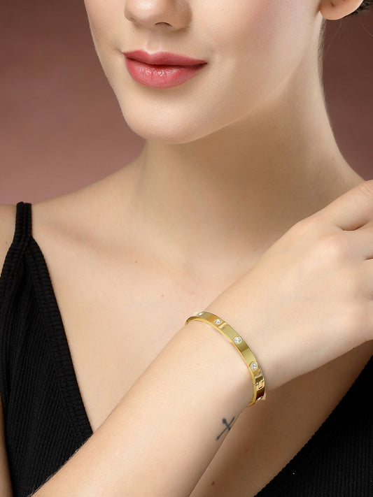 NVR Women's Gold-Polished CZ Stone-Studded Kada Bracelet