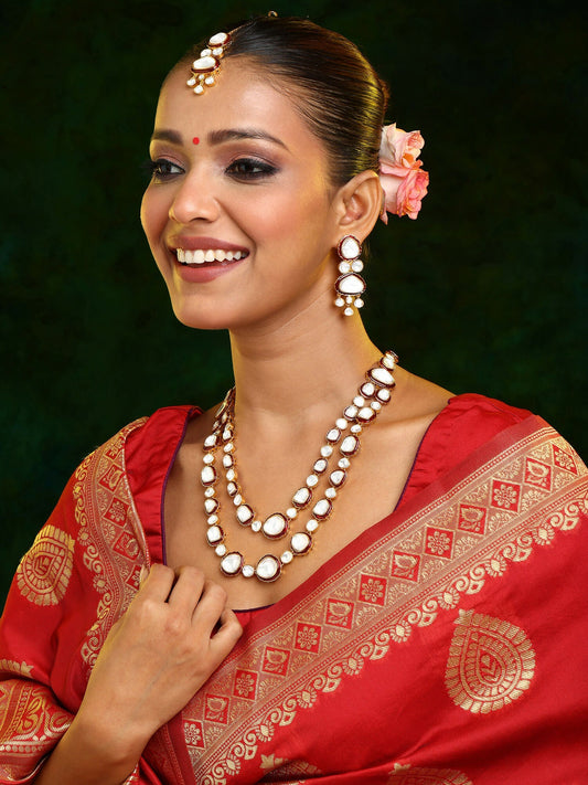 Ruby Raang 22k Gold Polished Red Meenakari Kundan Layered Necklace With Earrings & Maang Tikka | Grab2Buy
