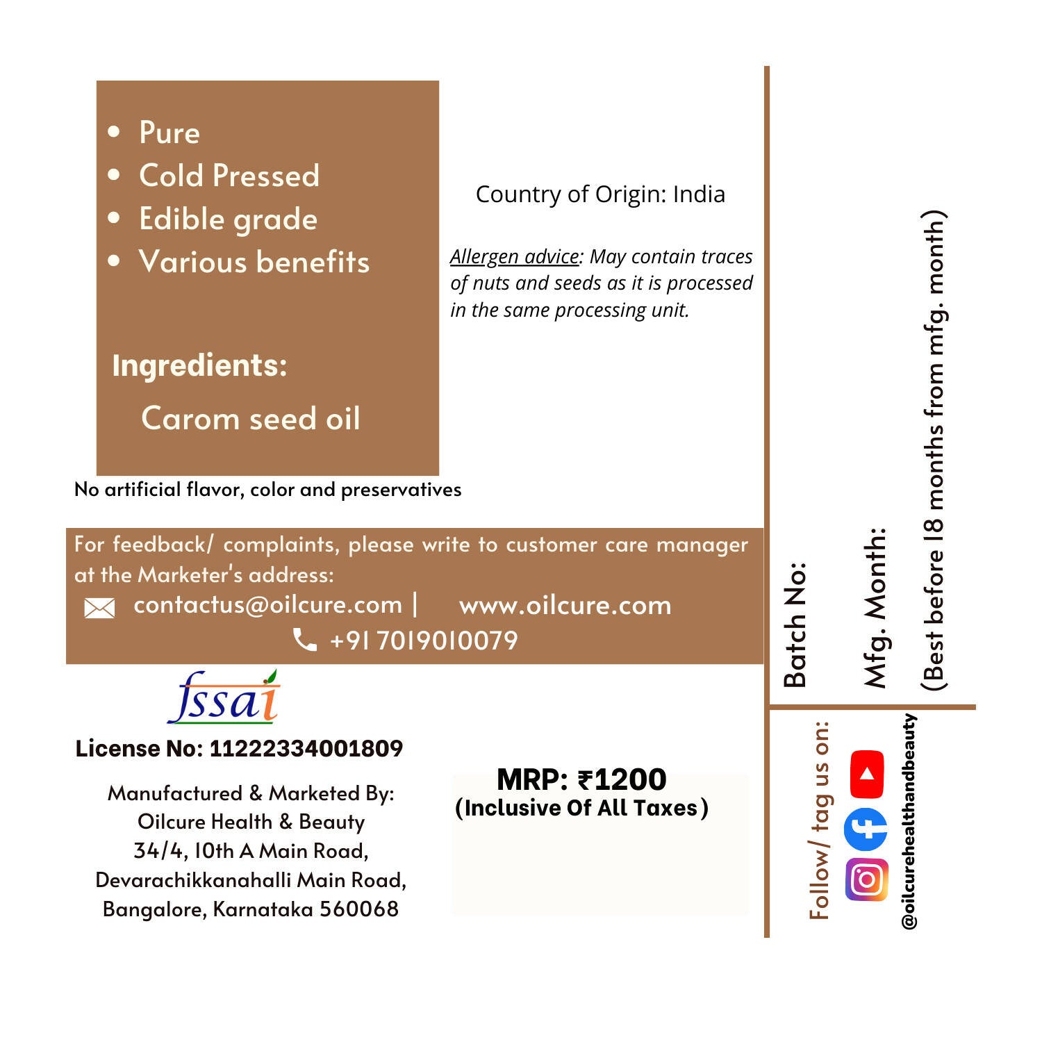 Oilcure Ajwain (Carom) Oil Cold Pressed 