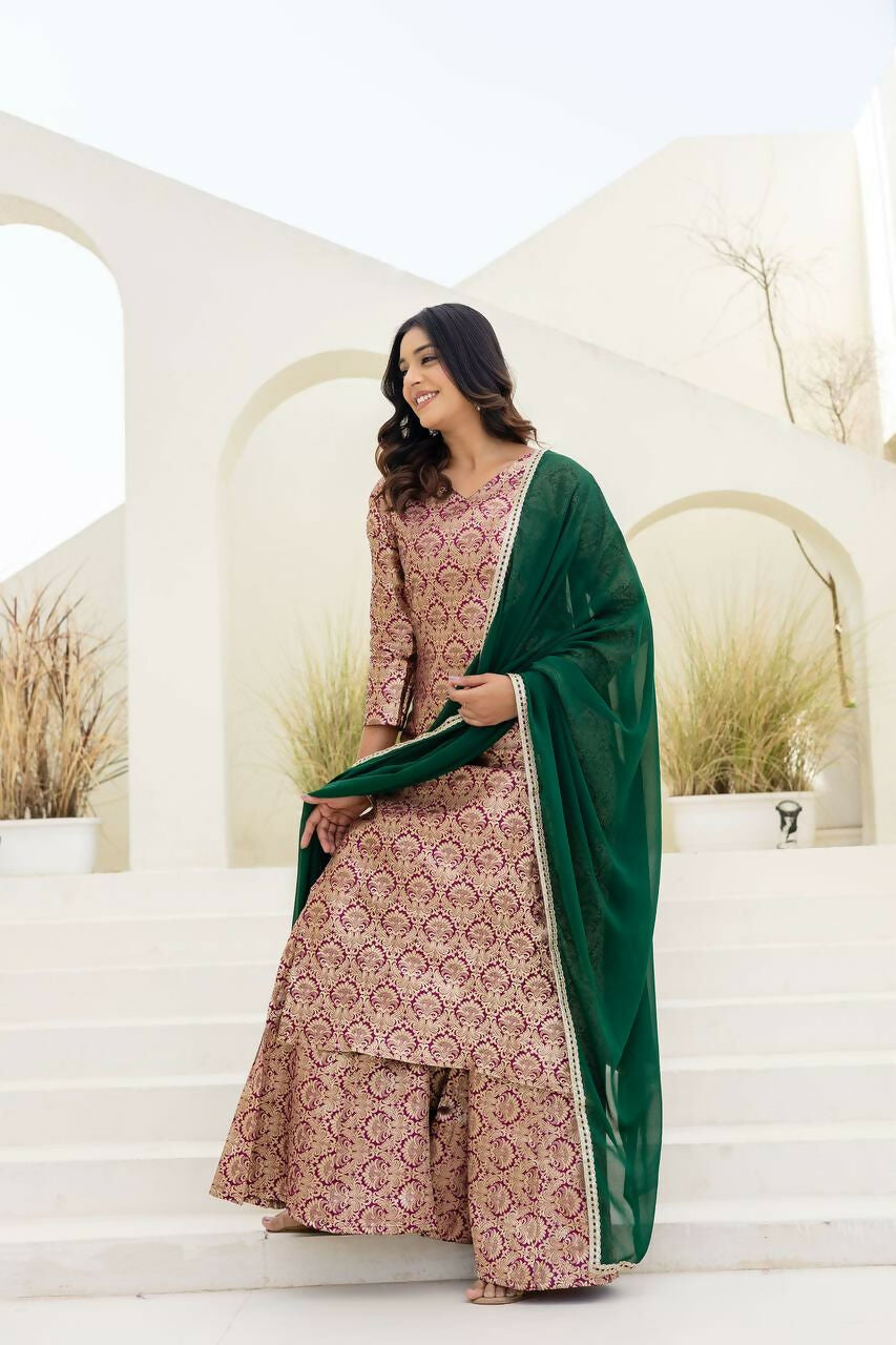 Joban Fashion Peach Jacquard Embroidered Sharara Set